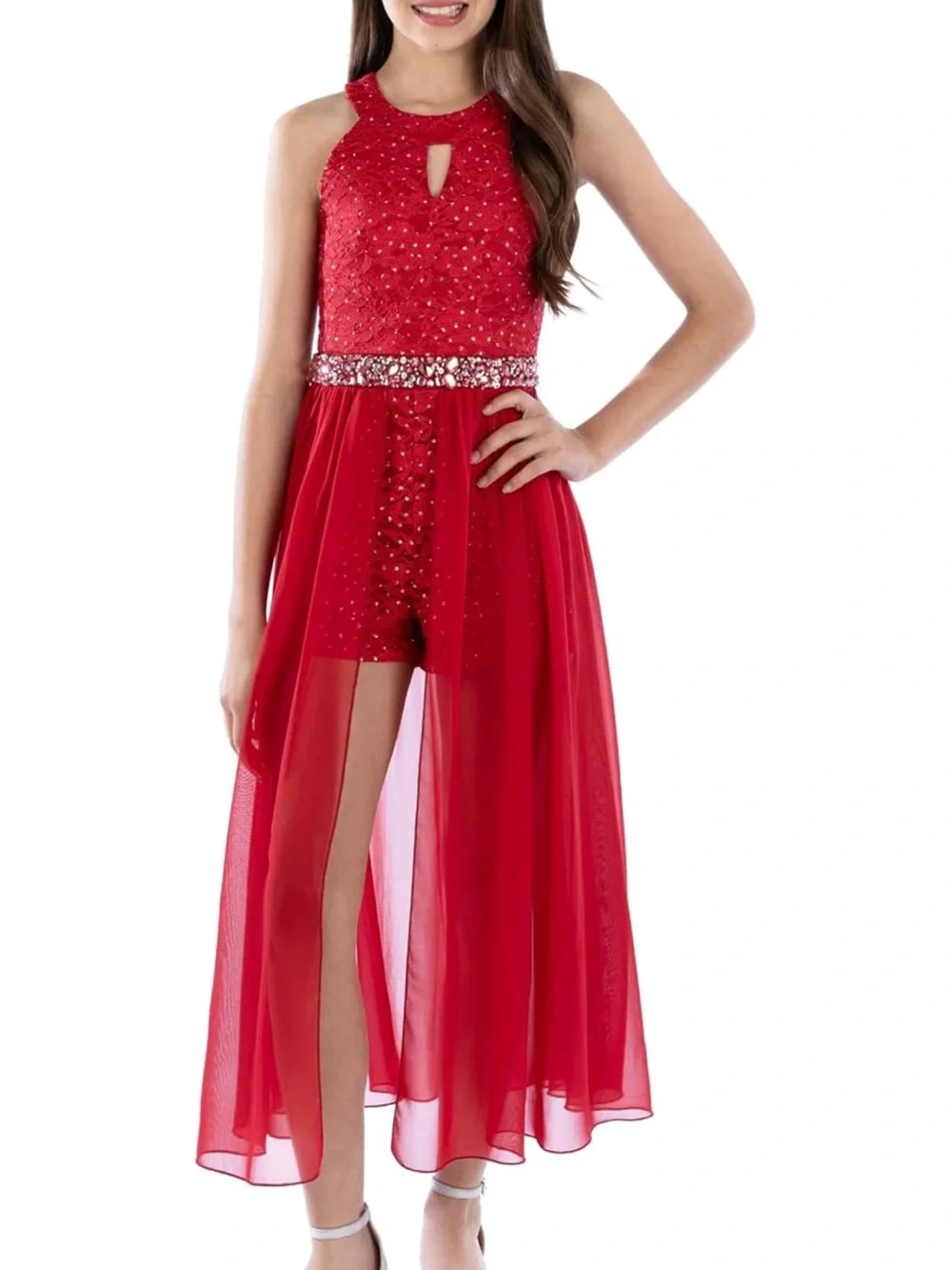 Speechless Red Beaded Halter High-Low Formal Dress